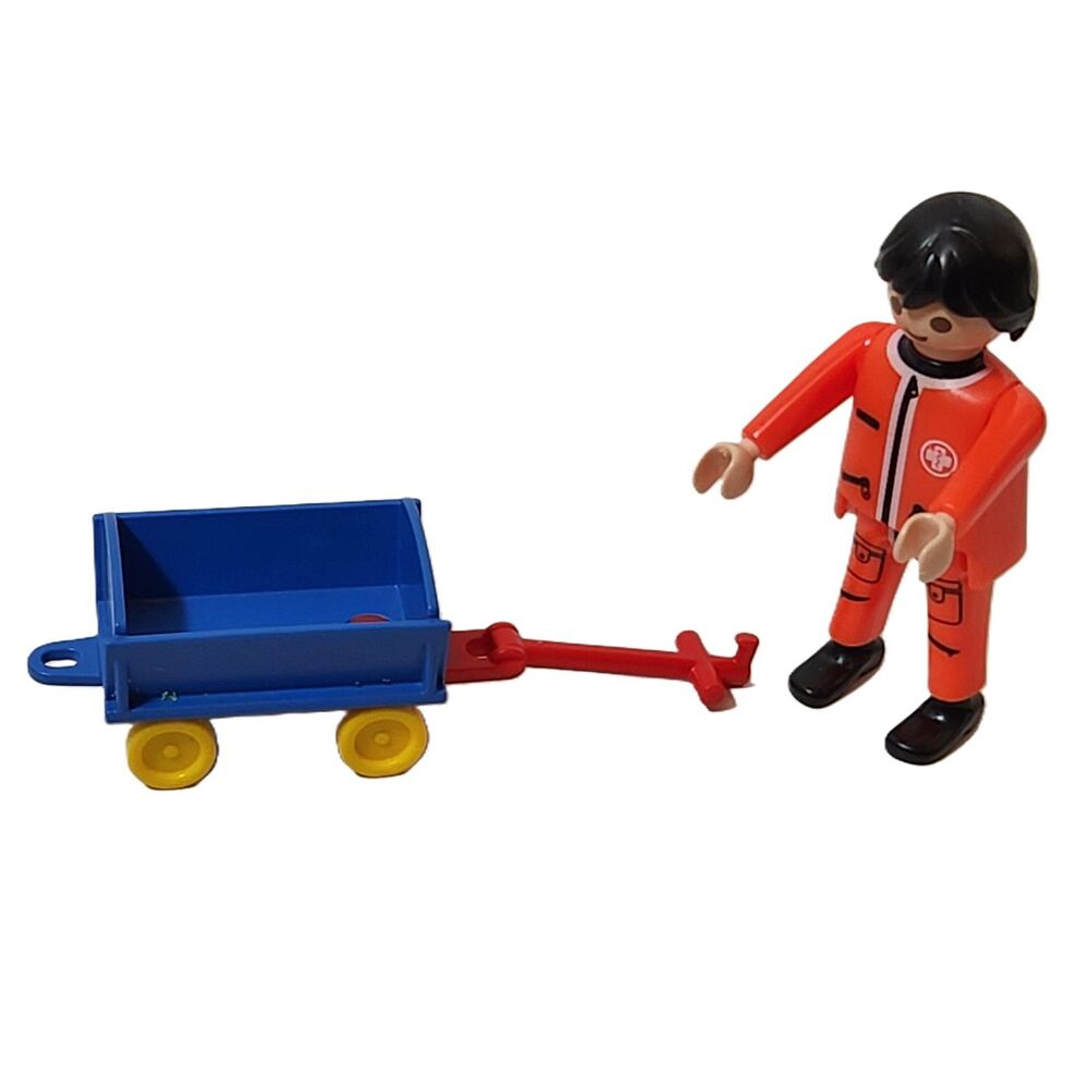 Playmobil Rescue Worker 1990 + Blue Wagon 1982 Bundle Vintage Figures